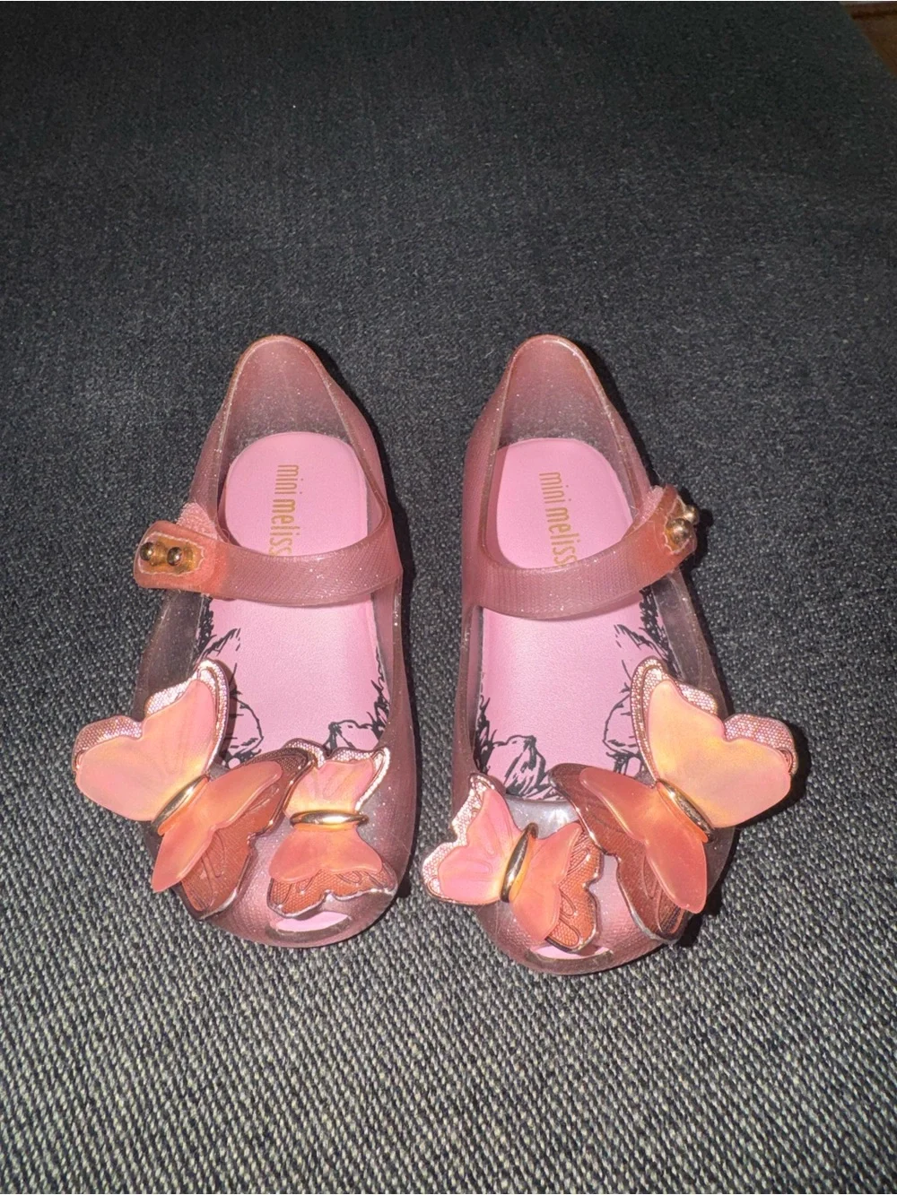 Mini Melissa Glitter Pink Jelly Mary Jane Sandals with Butterfly Embellishments